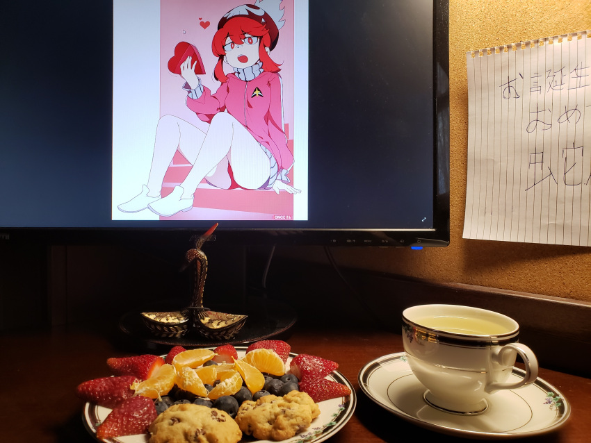 1girl 2d_dating absurdres ass bird blueberry bulletin_board buruma cookie cup desk english_text food from_below fruit heart highres indoors jacket jakuzure_nonon kill_la_kill lined_paper monitor once_11h open_mouth orange paper photo_(medium) pin plate saucer shoes sitting sneakers solo strawberry swan tea teacup teapot teeth track_jacket