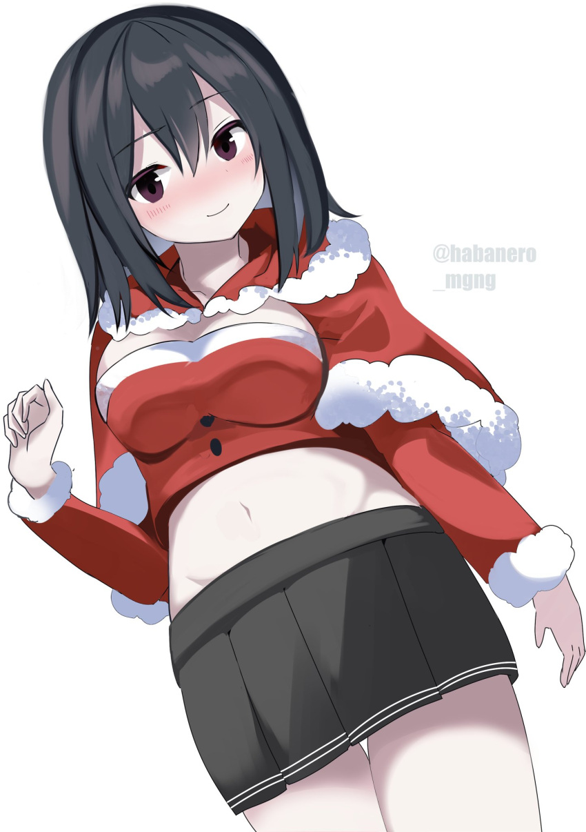 1girl akitsu_maru_(kantai_collection) alternate_costume black_eyes black_hair black_skirt blush breasts capelet cowboy_shot detached_sleeves fathom fur-trimmed_capelet fur_trim highres kantai_collection large_breasts midriff pale_skin pleated_skirt red_capelet short_hair simple_background skirt solo strapless tubetop twitter_username white_background