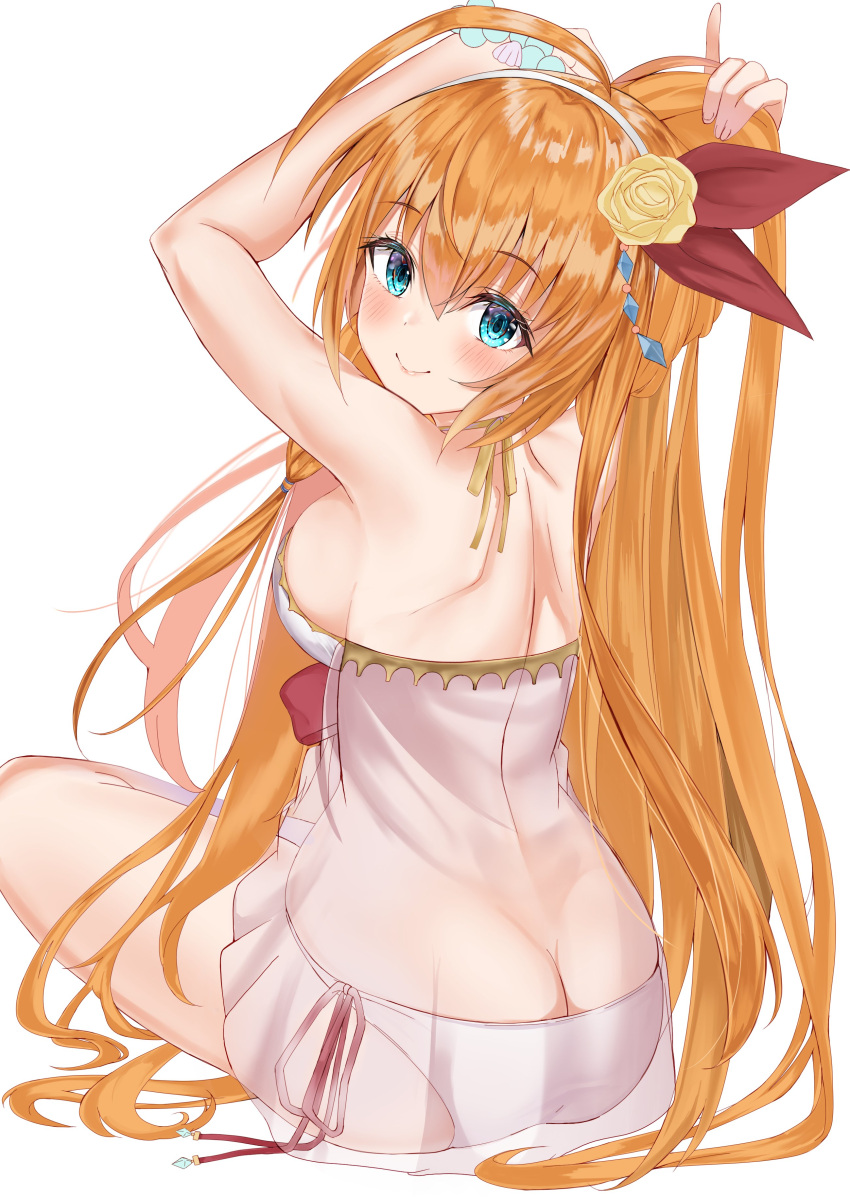 1girl absurdres arms_up ass back bangs bikini blue_eyes blush breasts butt_crack closed_mouth commentary_request eyebrows_visible_through_hair flower full_body hair_flower hair_ornament hair_ribbon hairband highres indian_style long_hair looking_at_viewer looking_back medium_hair orange_hair pecorine_(princess_connect!) pink_bikini princess_connect! princess_connect!_re:dive red_ribbon ribbon see-through side-tie_bikini sideboob simple_background sitting smile solo swimsuit toratora_(nanahaba) tying_hair white_background white_hairband yellow_flower