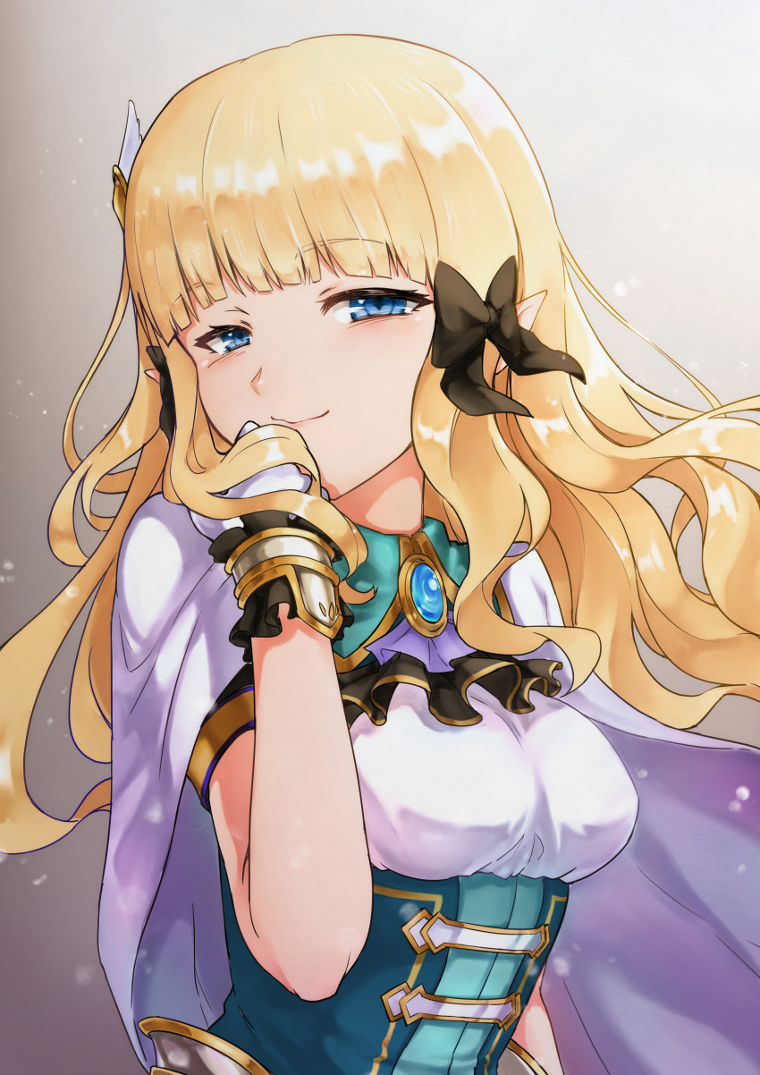 1girl absurdres bangs black_bow blonde_hair blue_eyes blush bow breasts capelet cloak elf eyebrows_visible_through_hair hair_bow hair_ornament highres large_breasts long_hair looking_at_viewer navi_(ivan) pointy_ears princess_connect! princess_connect!_re:dive saren_(princess_connect!) smile solo