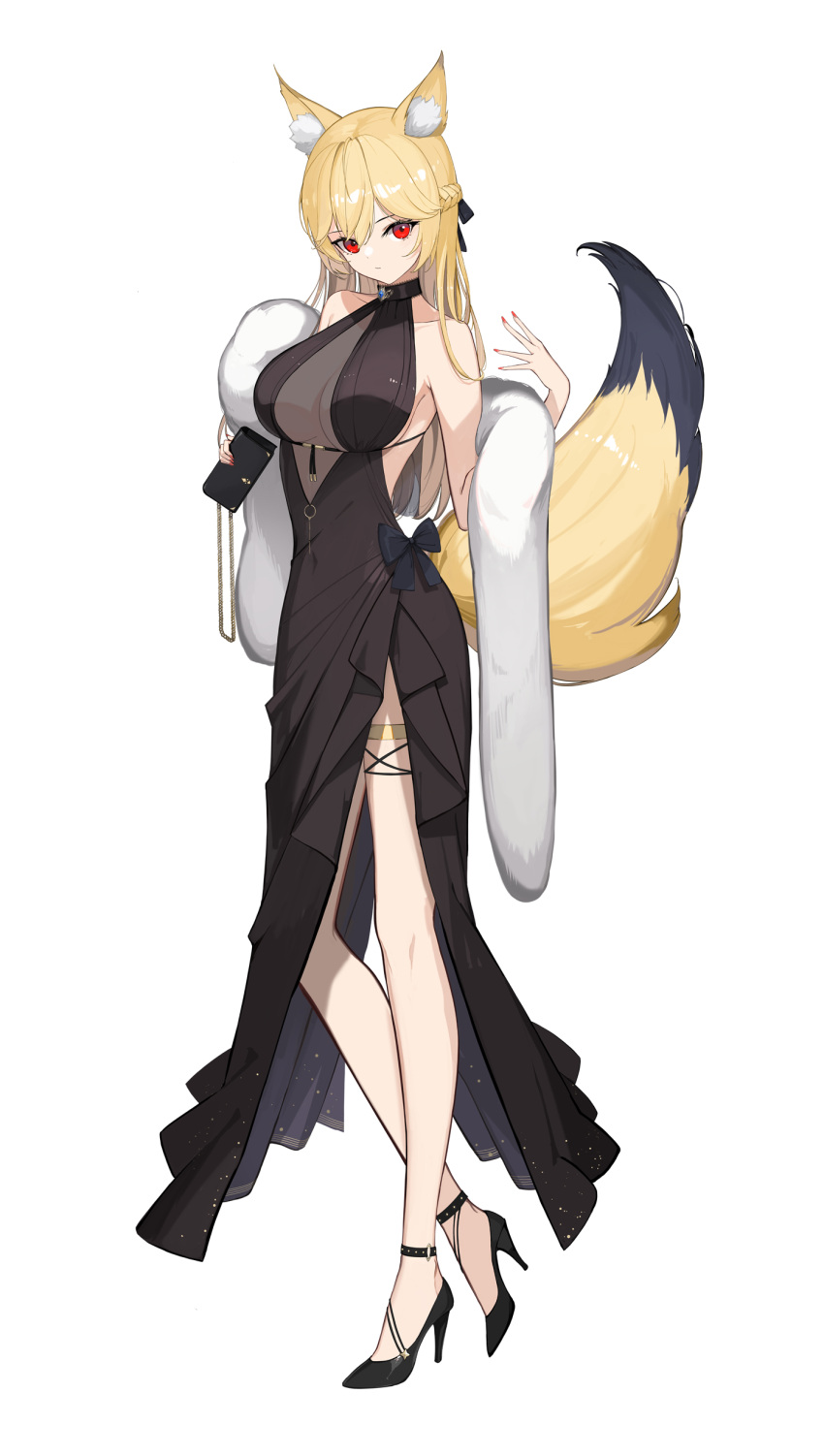1girl absurdres animal_ear_fluff animal_ears bag black_dress blonde_hair breasts collarbone commentary_request contrapposto dress expressionless full_body hair_ribbon handbag high_heels highres large_breasts long_hair looking_at_viewer nail_polish original red_eyes ribbon rikui_(rella2930) solo standing tail thighlet white_background