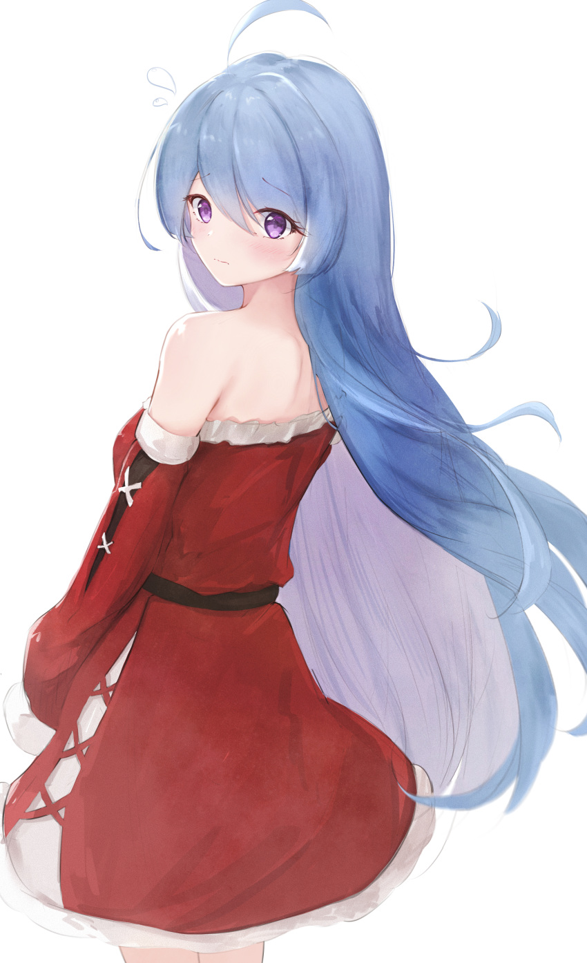 1girl absurdres artist_request azur_lane bare_shoulders blue_hair detached_sleeves dress fur_trim hair_between_eyes helena_(azur_lane) highres long_hair looking_at_viewer looking_back red_dress simple_background solo strapless strapless_dress violet_eyes white_background