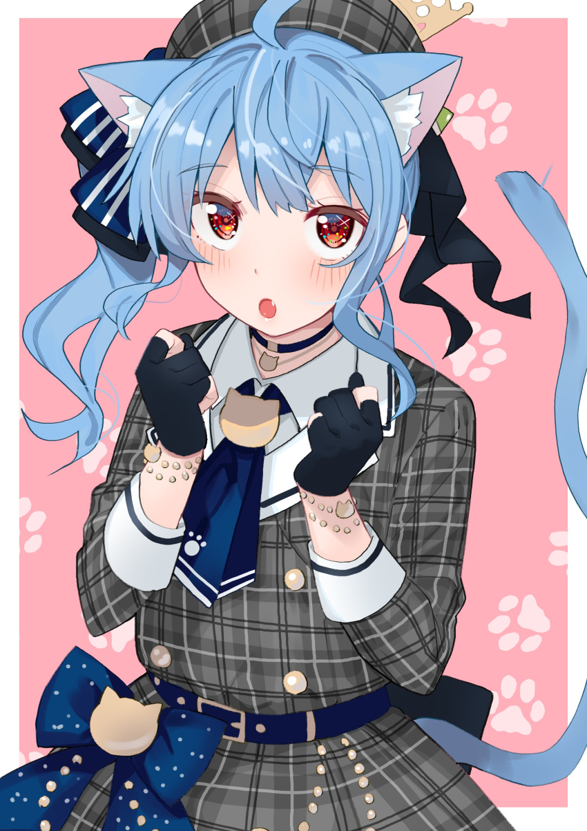 1girl absurdres ahoge animal_ear_fluff animal_ears black_choker black_gloves blue_hair blue_neckwear cat_ears cat_girl cat_tail choker collared_shirt commentary eyebrows_visible_through_hair fang gloves grey_headwear grey_jacket hat highres hololive hoshimachi_suisei jacket jewelry long_hair long_sleeves neckerchief necklace open_mouth partially_fingerless_gloves paw_background plaid_headwear plaid_jacket red_eyes shirt solo tail tonarikeru virtual_youtuber white_shirt