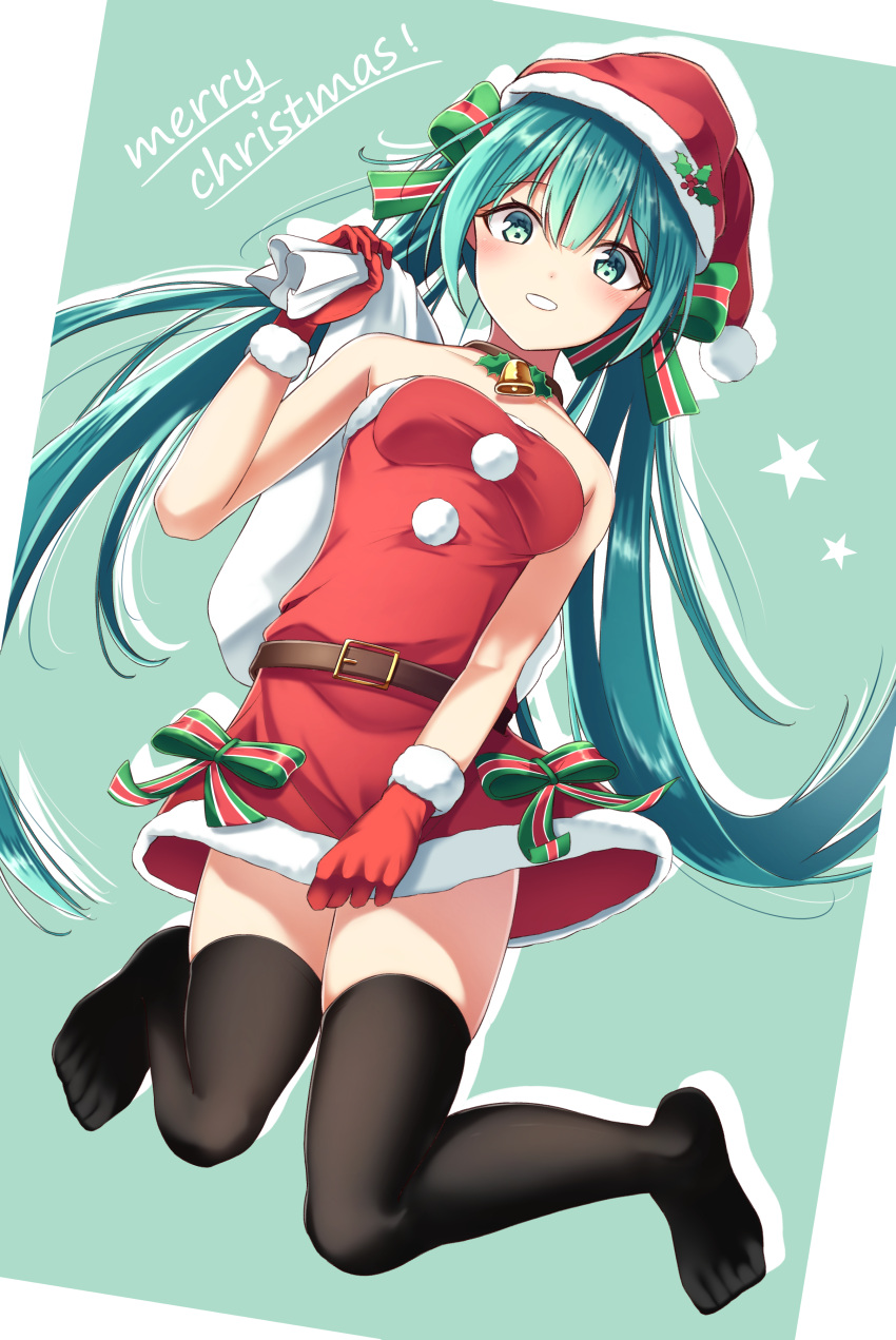 1girl absurdres aqua_background aqua_eyes aqua_hair black_legwear blush christmas commentary dress full_body fur-trimmed_dress fur-trimmed_gloves fur-trimmed_headwear fur_trim gloves grin guri_(gri1211) hat hatsune_miku highres holding holding_sack holly impossible_clothes impossible_dress legs_up long_hair looking_at_viewer merry_christmas neck_bell no_shoes red_dress red_gloves red_headwear ribbon sack santa_costume santa_hat skindentation skirt_hold smile solo strapless strapless_dress striped striped_ribbon thigh-highs twintails very_long_hair vocaloid zettai_ryouiki