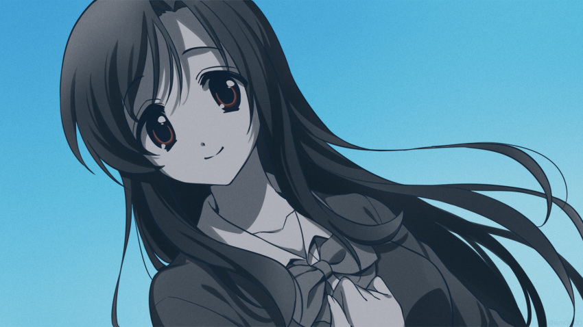 1girl bangs blazer blue_background bow bowtie breasts brown_eyes closed_mouth collarbone collared_shirt commentary dutch_angle floating_hair gradient gradient_background greyscale hand_up highres jacket katsura_kotonoha large_breasts long_hair looking_at_viewer monochrome sayshownen school_days school_uniform shirt simple_background smile solo spot_color upper_body