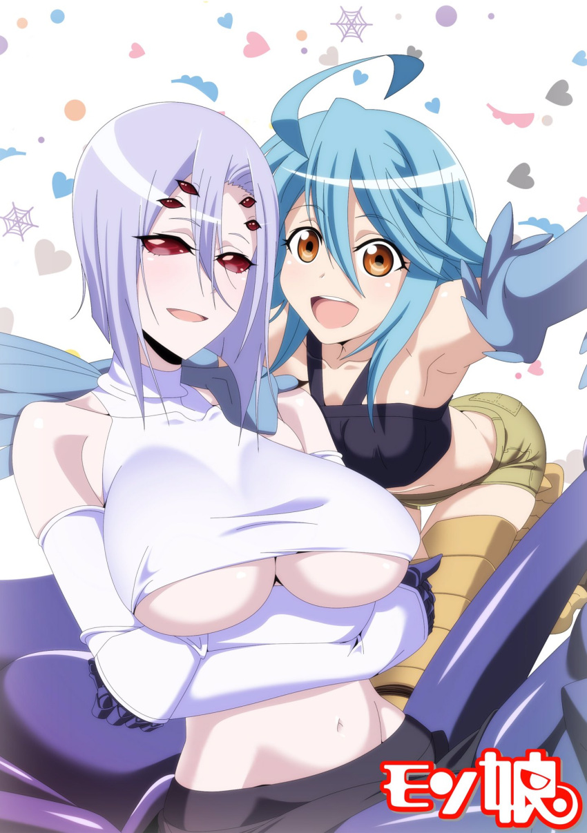 2girls :d ahoge arachne bare_shoulders blue_hair blue_wings breasts carapace commentary_request detached_sleeves extra_eyes feathered_wings hair_between_eyes happy harpy highres insect_girl kagiyama_(clave) large_breasts looking_at_viewer monster_girl monster_musume_no_iru_nichijou multiple_girls open_mouth orange_eyes papi_(monster_musume) rachnera_arachnera red_eyes short_hair short_shorts shorts silver_hair small_breasts smile spider_girl under_boob wings