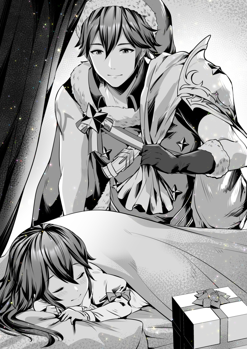 1boy 1girl absurdres ameno_(a_meno0) bag bed christmas chrom_(fire_emblem) closed_eyes fire_emblem fire_emblem_awakening gift gloves greyscale hat highres long_hair lucina_(fire_emblem) medium_hair monochrome pillow santa_hat short_hair sleeping smile