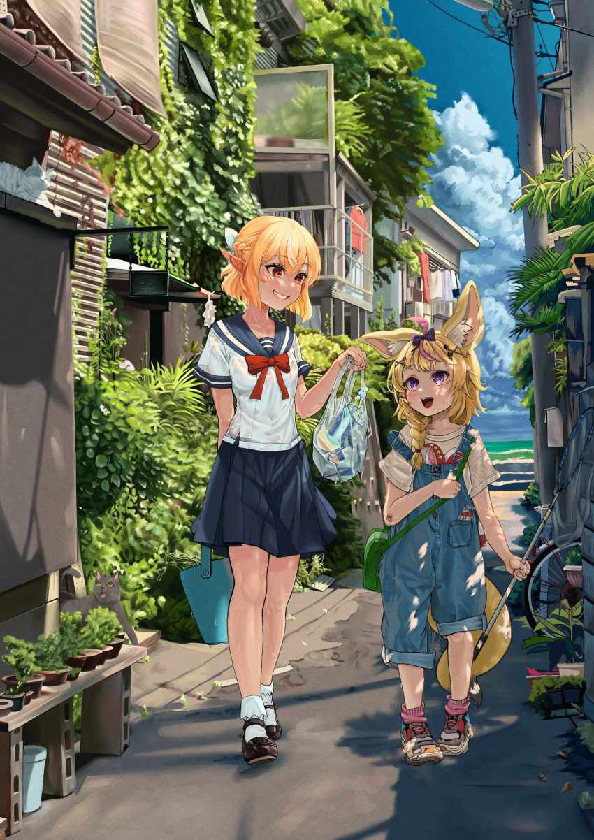 2girls :d absurdres ahoge alley animal_ear_fluff animal_ears bag bandaid bandaid_on_arm bangs black_footwear blonde_hair blue_overalls blue_sailor_collar blue_skirt blush bow braid breasts butterfly_net cat commentary_request day elf fox_ears fox_girl fox_tail full_body grin hair_between_eyes hair_bow hand_net highres holding holding_bag holding_butterfly_net holding_strap hololive long_hair looking_at_another multicolored_hair multiple_girls omaru_polka open_mouth outdoors overalls pink_hair pink_legwear plant pointy_ears potted_plant purple_bow red_bow red_eyes sailor_collar school_uniform serafuku shiranui_flare shirt shoes short_hair short_sleeves shoulder_bag single_braid skirt smile snarkhunt socks strap_slip streaked_hair tail utility_pole violet_eyes virtual_youtuber white_hair white_legwear white_shirt