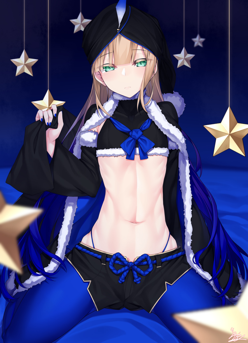 1other blonde_hair blue_hair blue_legwear blue_nails capelet captain_nemo_(fate/grand_order) crop_top detached_sleeves fate/grand_order fate_(series) fingernails fur-trimmed_capelet fur-trimmed_sleeves fur_trim gradient_hair green_eyes highleg highleg_panties highres looking_at_viewer midriff multicolored_hair navel panties solo string_panties thong turban underwear watosu