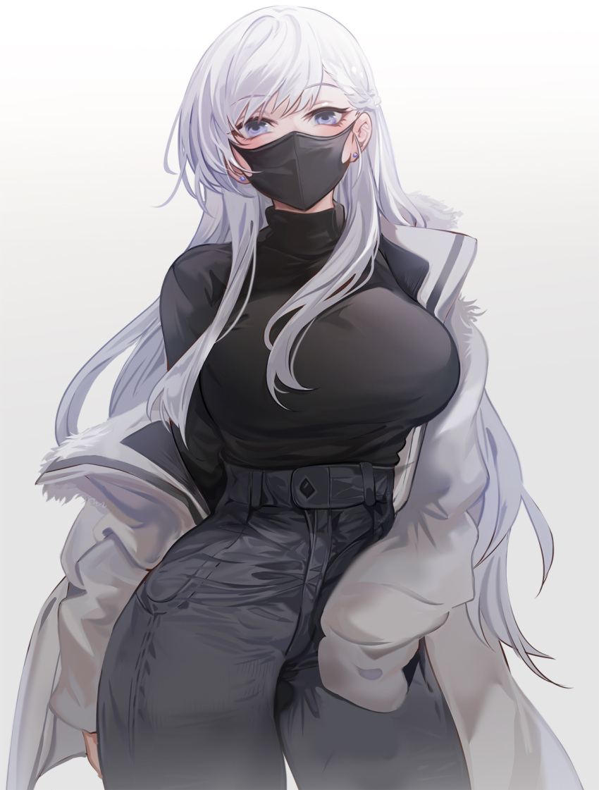 1girl azur_lane bangs belfast_(azur_lane) black_mask blue_eyes braid breasts contemporary eyebrows_visible_through_hair face_mask female highres jacket large_breasts long_hair looking_at_viewer mask mouth_mask off_shoulder open_clothes open_jacket pants simple_background solo surgical_mask turtleneck white_background white_hair yuki_(asayuki101)
