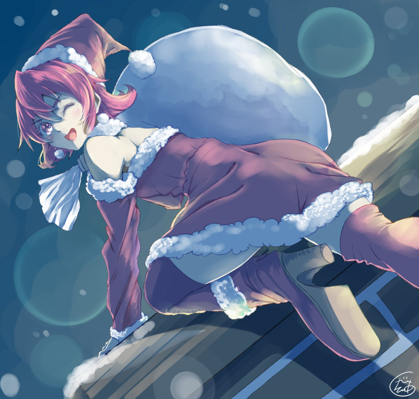 1girl ;d aida_mana bare_shoulders boots chimney christmas climbing commentary_request detached_sleeves dokidoki!_precure dress dutch_angle earrings eyebrows_visible_through_hair from_behind fur_choker fur_trim g_tear hair_between_eyes hat high_heel_boots high_heels highres holding holding_sack jewelry light_particles looking_at_viewer looking_back night one_eye_closed open_mouth outdoors partial_commentary precure red_dress red_footwear red_headwear red_legwear red_sleeves rooftop sack santa_costume santa_hat short_hair signature smile solo strapless strapless_dress thigh-highs