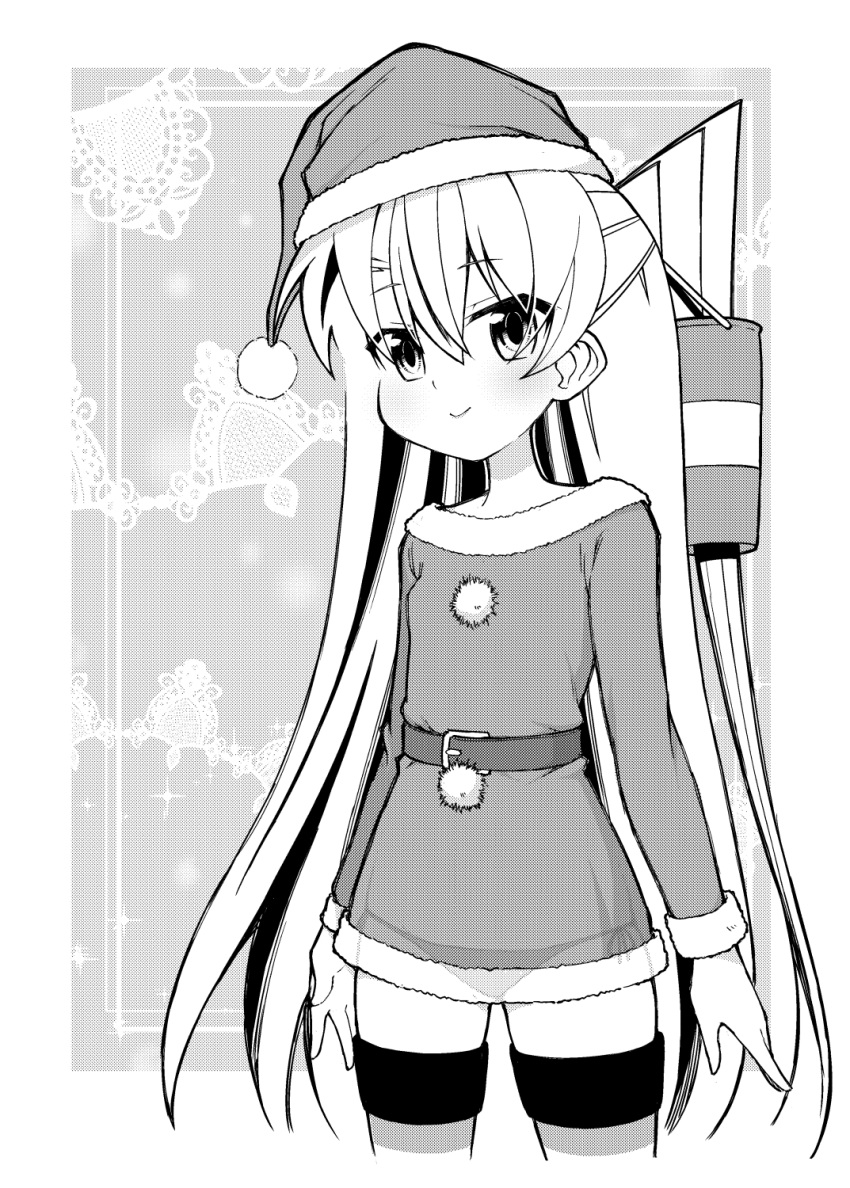 1girl alternate_costume amatsukaze_(kantai_collection) ataru_(ataru-littlebird) commentary_request cowboy_shot dress fur-trimmed_dress fur_trim hair_tubes hat highres kantai_collection looking_at_viewer monochrome off-shoulder_dress off_shoulder santa_costume santa_hat solo standing thigh-highs two_side_up