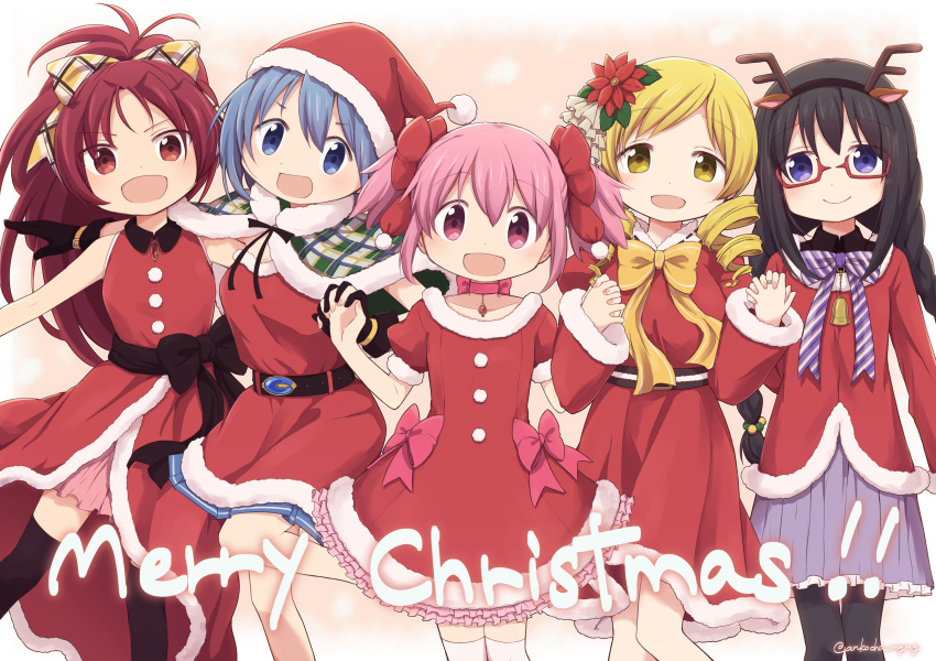 5girls absurdres akemi_homura antlers black_gloves black_hair blonde_hair blue_eyes blue_hair bow christmas closed_mouth drill_hair english_text flower glasses gloves hair_bow hair_flower hair_ornament hat highres holding_hands kaname_madoka long_hair looking_at_viewer magical_girl mahou_shoujo_madoka_magica miki_sayaka multiple_girls open_mouth pink_eyes pink_hair red_eyes redhead reindeer_antlers rilafm345 sakura_kyouko santa_costume santa_hat short_hair signature smile tomoe_mami violet_eyes yellow_eyes