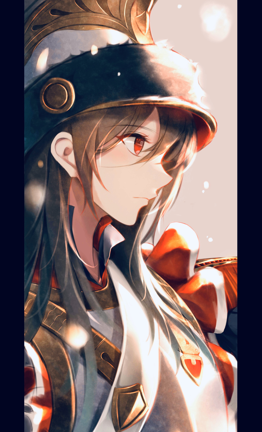 1girl absurdres armor breastplate brown_hair cuirass epaulettes eyebrows_visible_through_hair frills fringe_trim hair_between_eyes helmet highres knight long_hair military military_uniform ochame original pillarboxed profile red_eyes snow solo uniform