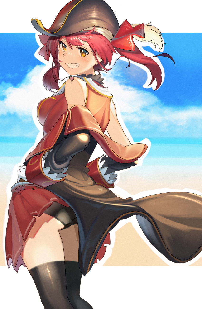 1girl absurdres ass beach black_headwear black_legwear black_panties blue_sky brown_eyes clenched_teeth clouds commentary_request day from_behind gloves hair_ribbon hands_on_hips hat highres hololive houshou_marine huge_filesize kasa_list looking_at_viewer ocean outdoors panties pirate_hat red_ribbon redhead ribbon short_hair sky smile solo standing teeth thigh-highs twintails underwear virtual_youtuber white_gloves