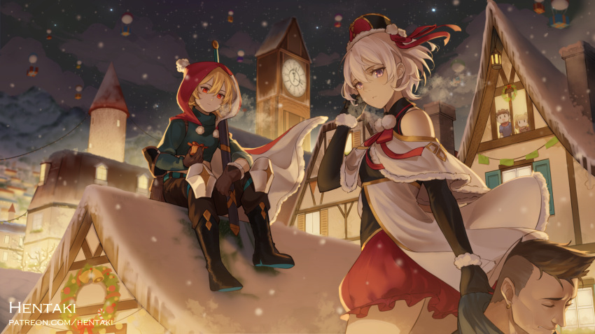 2boys 3girls artist_name bangs bare_shoulders black_gloves black_pants blonde_hair blue_shirt blurry blurry_background box breath brown_hair capelet character_request clock clock_tower commentary depth_of_field dragalia_lost english_commentary eyebrows_visible_through_hair frilled_skirt frills fur-trimmed_capelet fur_trim gift gift_box gloves hair_between_eyes hat hentaki highres holding holding_gift hood hood_up long_sleeves mini_hat multiple_boys multiple_girls night night_sky on_roof outdoors pants parted_lips red_eyes red_headwear red_skirt rooftop shirt short_hair sitting skirt sky snow snowing tower twintails violet_eyes watermark web_address white_capelet white_hair