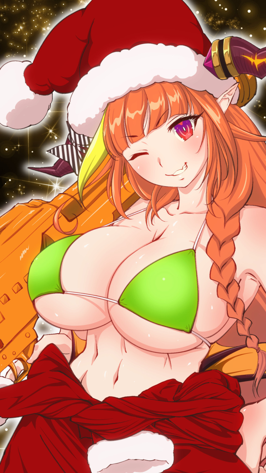 1girl asacoco bangs bare_shoulders bikini bikini_top black_bow blonde_hair blunt_bangs blush bow bowtie braid breasts christmas collarbone commentary_request dragon_girl dragon_horns dragon_wings eyebrows_visible_through_hair fang gradient_eyes hair_ornament hand_on_hip hat highlights highres hokke_(fryinghokke) holding holding_weapon hololive horn_bow horns jumpsuit kiryuu_coco large_breasts long_hair looking_at_viewer midriff multicolored multicolored_bow multicolored_eyes multicolored_hair navel one_eye_closed orange_hair outline pointy_ears red_eyes red_headwear santa_costume santa_hat single_braid skin_fang smile solo starry_background stomach streaked_hair striped swimsuit teeth tied_sleeves upper_body very_long_hair violet_eyes virtual_youtuber weapon white_bow white_outline wings