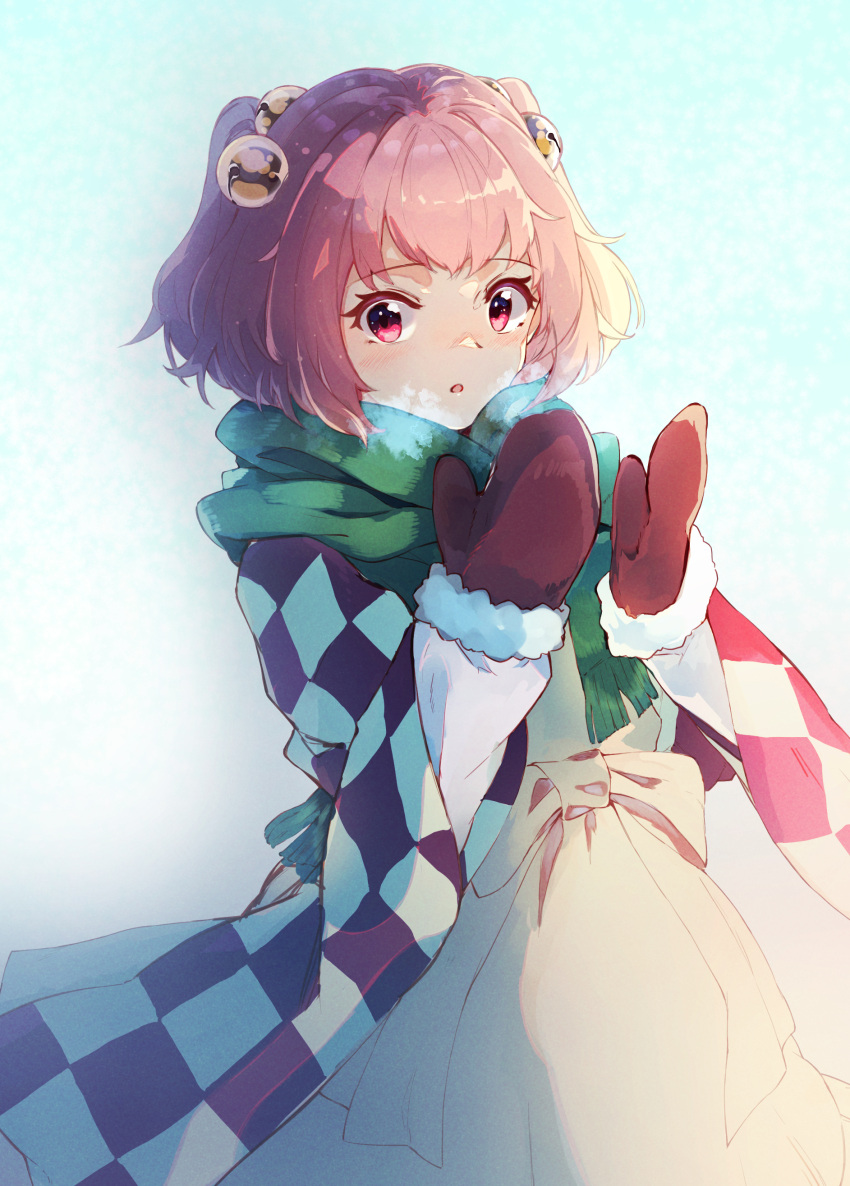 1girl :o absurdres beige_dress breath checkered_cape cowboy_shot dutch_angle fur_trim gradient gradient_background green_scarf hair_bobbles hair_ornament hands_up highres looking_at_viewer motoori_kosuzu outdoors pink_eyes pink_hair red_mittens scarf short_hair simple_background solo standing tamiku_(shisyamo609) touhou two_side_up winter_clothes