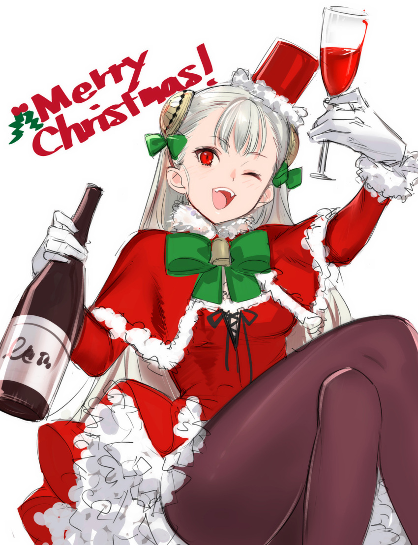 1girl brown_legwear capcom_fighting_jam champagne_bottle champagne_flute christmas cup dress drinking_glass gloves grey_hair hairpods hat highres ingrid long_hair long_sleeves merry_christmas one_eye_closed open_mouth pantyhose pleated_skirt red_dress red_eyes skirt solo teeth tetsu_(kimuchi) top_hat underskirt white_gloves