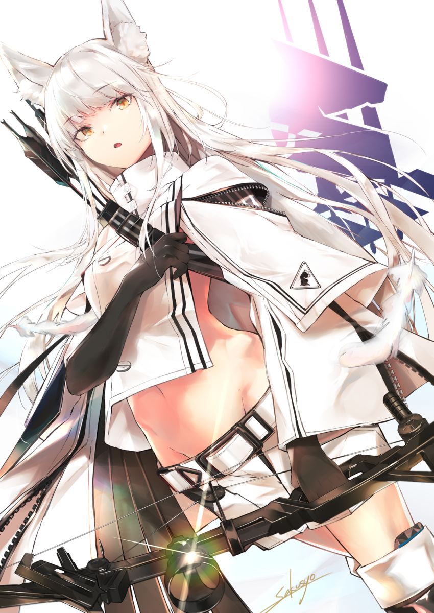 1girl animal_ear_fluff animal_ears arknights artist_name bangs black_gloves bow_(weapon) brown_eyes commentary_request cowboy_shot crop_top eyebrows_visible_through_hair gloves highres holding holding_bow_(weapon) holding_weapon jacket kingdom_of_kazimierz_logo long_hair looking_at_viewer midriff navel open_mouth partial_commentary platinum_(arknights) sakusyo shorts signature silver_hair simple_background solo standing stomach weapon white_background white_jacket white_shorts