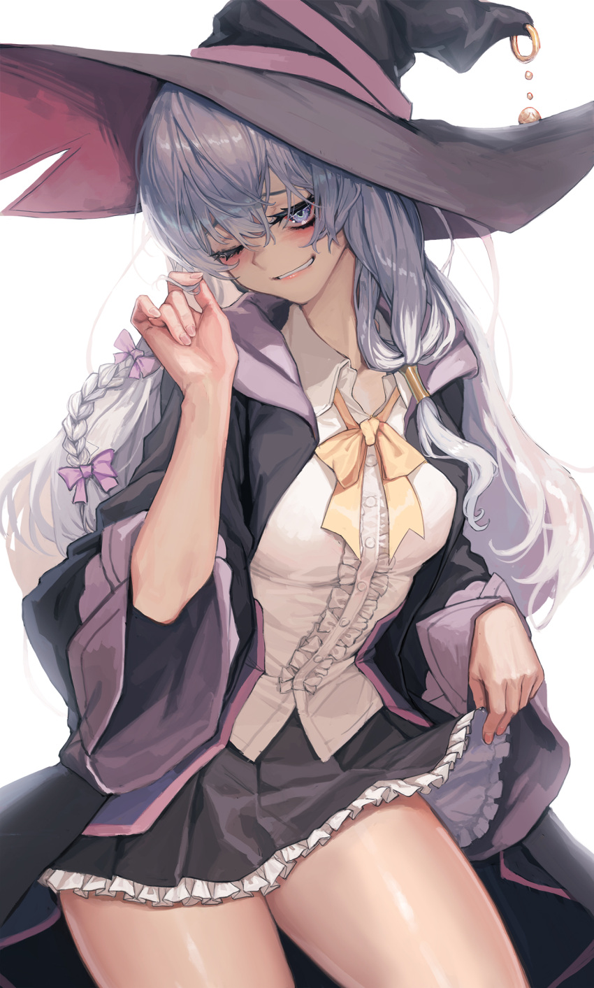 1girl bangs black_headwear black_skirt blue_eyes blush bow braid breasts cape center_frills collared_shirt commentary_request contrapposto cowboy_shot elaina_(majo_no_tabitabi) frills grin hair_between_eyes hair_bow hand_up hat highres lifted_by_self long_hair long_sleeves looking_at_viewer majo_no_tabitabi one_eye_closed pink_bow red_headwear ribbon shirt silver_hair skirt skirt_lift smile solo thighs tunamayo_(dsasd751) white_background white_shirt witch witch_hat