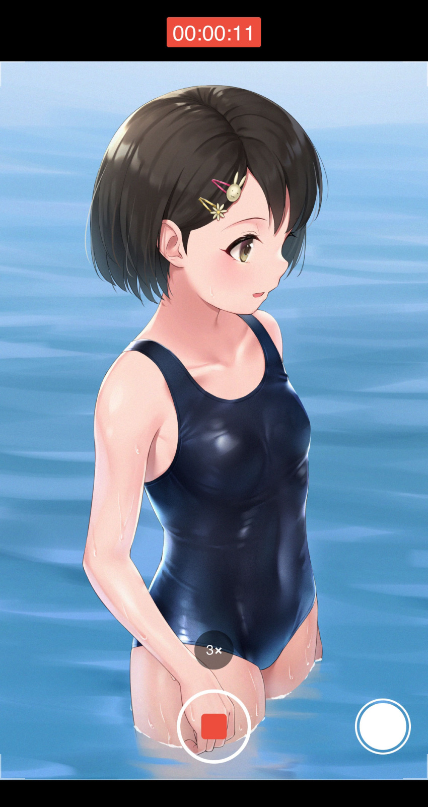 1girl black_hair blue_swimsuit breasts brown_eyes collarbone commentary_request hair_ornament hairclip highres idolmaster idolmaster_cinderella_girls looking_away one-piece_swimsuit open_mouth partially_submerged sasaki_chie school_swimsuit short_hair small_breasts solo swimsuit tsunenorip water wet