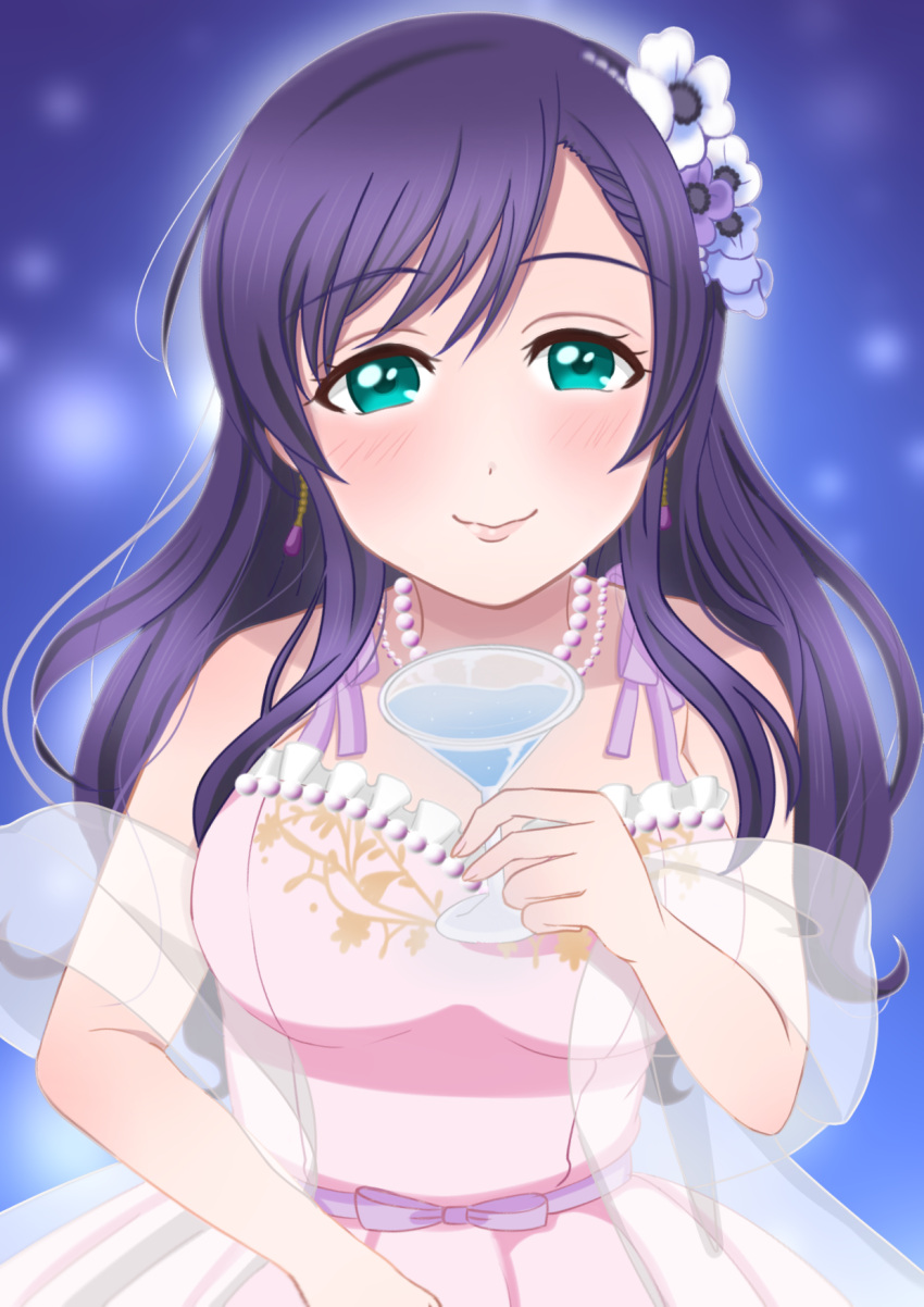 aqua_eyes breasts dress earrings flower glass hair_flower hair_ornament highres jewelry long_hair looking_at_viewer love_live! medium_breasts necklace pukonuu purple_hair simple_background smile toujou_nozomi