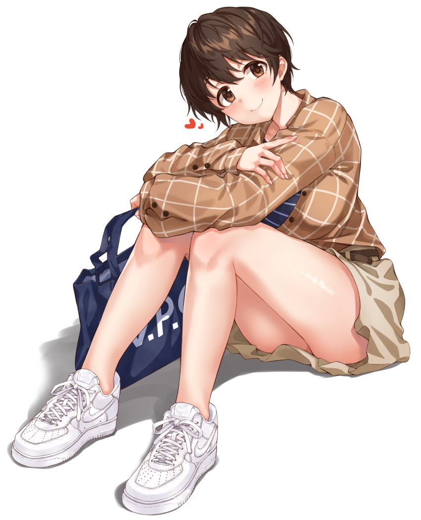 1girl alternate_costume bag bangs bare_legs blush breasts brown_eyes brown_hair brown_jacket brown_skirt casual closed_mouth commentary full_body heart highres idolmaster idolmaster_cinderella_girls jacket large_breasts long_sleeves looking_at_viewer oikawa_shizuku shoes short_hair simple_background sirurabbit sitting skirt smile sneakers solo white_background white_footwear