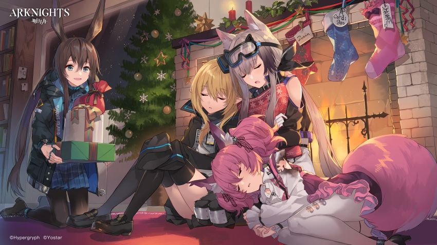 4girls absurdres amiya_(arknights) animal_ears anklet arknights bangs bare_shoulders black_coat black_footwear black_skirt blonde_hair blue_choker blue_eyes blue_skirt blush box brown_hair bunny_girl burnt_clothes candle carpet character_name choker christmas christmas_tree closed_eyes clothes_writing clothing_cutout coat company_name copyright_name dog_ears dog_girl dress eihi eyebrows_visible_through_hair fire fireplace fox_ears fox_girl fox_tail frilled_sleeves frills gift gift_box gloves goggles goggles_on_head hair_ornament highres holding holding_gift id_card jewelry kneeling loafers long_sleeves lying miniskirt multiple_girls official_art on_floor on_side oversized_clothes pantyhose pillow pillow_hug pleated_skirt pointy_ears ponytail print_legwear purple_dress purple_hair rabbit_ears sack shoes shoulder_cutout sidelocks silver_hair sitting skirt skull_print sleeping sleeping_upright sleeves_past_fingers sleeves_past_wrists snowflakes socks tail thigh-highs twintails white_gloves white_legwear window