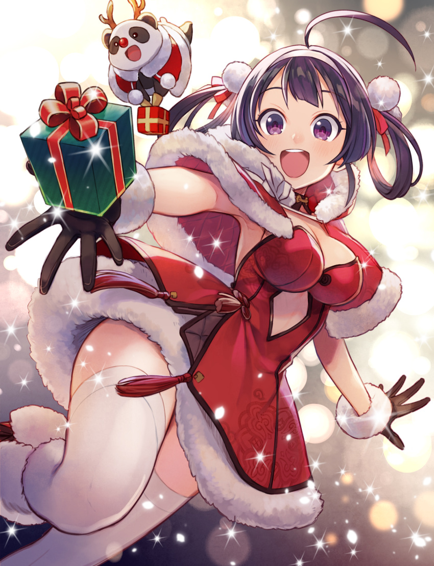 1girl ahoge argyle_cutout armpits azur_lane black_gloves boots box breasts capelet christmas clothing_cutout commentary_request cutout_above_navel dress fake_antlers fur-trimmed_capelet fur-trimmed_gloves fur_boots fur_trim gift gift_box gloves hair_bobbles hair_ornament hair_rings hairband highres knee_boots large_breasts long_hair looking_at_viewer ning_hai_(azur_lane) open_mouth panda purple_hair red_capelet red_dress red_footwear santa_boots santa_costume santa_dress smile solo strapless strapless_dress thigh-highs violet_eyes white_hairband white_legwear yuko_(uc_yuk)