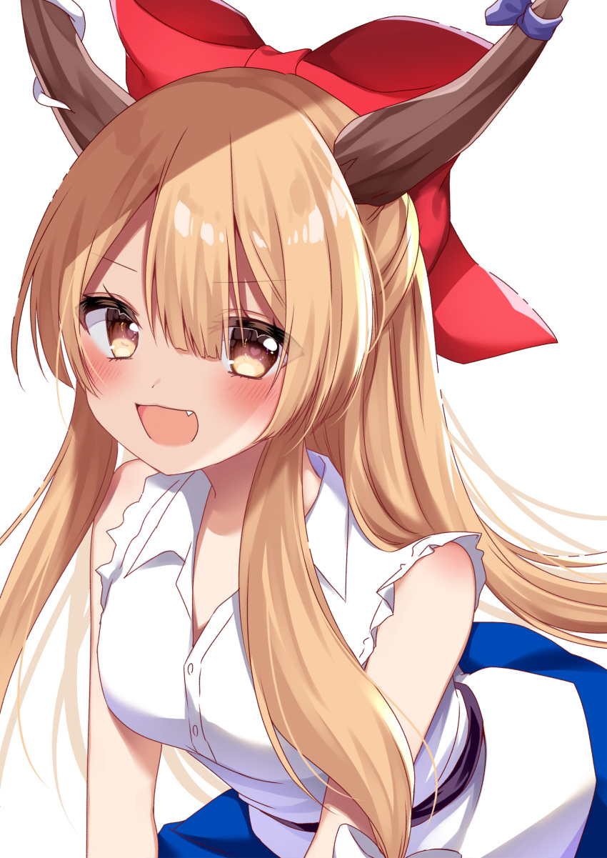 1girl :d blonde_hair blue_skirt bow brown_eyes commentary_request eyebrows_visible_through_hair fang hair_between_eyes hair_bow heart heart-shaped_pupils highres horns ibuki_suika long_hair looking_at_viewer open_mouth red_bow shiki_(s1k1xxx) shirt simple_background skirt sleeveless sleeveless_shirt smile solo symbol-shaped_pupils touhou white_background white_shirt