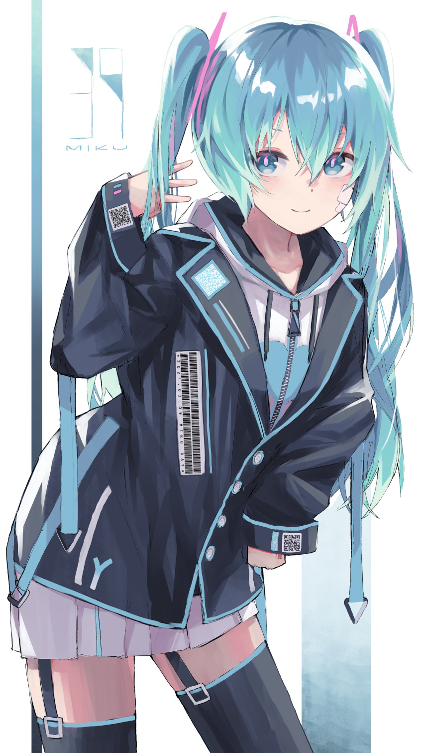 1girl 39 absurdres aqua_eyes aqua_hair azarasi_haru bandage_on_face bandages barcode black_jacket character_name commentary garter_straps hair_ornament hand_on_hip hand_up hatsune_miku highres hood hoodie jacket leaning_forward long_hair looking_at_viewer qr_code smile solo spring_onion_print standing thigh-highs twintails very_long_hair vocaloid w white_background white_hoodie zettai_ryouiki zipper zipper_pull_tab