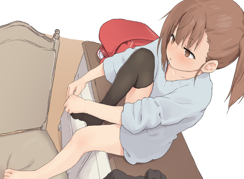 1girl backpack bag barefoot black_legwear blue_sweater blush brown_background brown_eyes brown_hair chair closed_mouth collarbone commentary_request highres knee_up looking_away no_shoes original randoseru single_thighhigh sitting solo sweater thigh-highs two-tone_background white_background yakihebi yakihebi's_brown_haired_loli