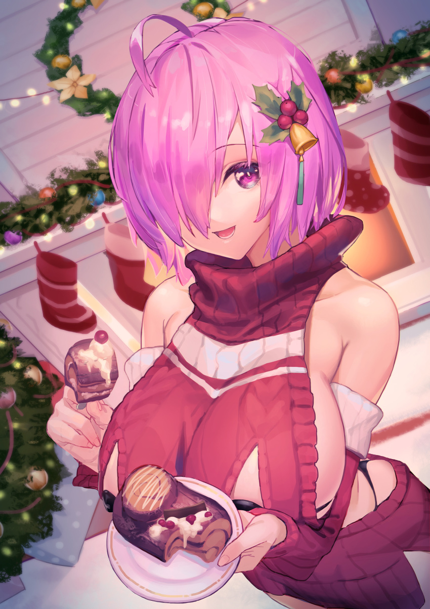 1girl absurdres ahoge bell black_panties breasts cake christmas commentary_request detached_sleeves eyebrows_visible_through_hair fate/grand_order fate_(series) fingernails food hair_bell hair_ornament hair_over_one_eye highres holding holding_plate large_breasts looking_at_viewer mash_kyrielight nox13 panties pink_eyes pink_hair plate red_sweater short_hair smile solo sweater turtleneck turtleneck_sweater underwear