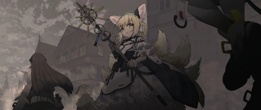 1boy 3girls animal_ears arknights ayerscarpe_(arknights) black_gloves blonde_hair blue_gloves blue_hairband braid brown_hair building click_(arknights) clouds cloudy_sky commentary dress earpiece english_commentary eyebrows_visible_through_hair folinic_(arknights) fox_ears fox_tail from_below gloves green_eyes grey_legwear hairband highres holding holding_staff holding_weapon hood hood_up humidasi79 long_hair looking_at_viewer mongoose_ears multiple_girls multiple_tails open_mouth oripathy_lesion_(arknights) rabbit_ears shoes single_glove sky solo_focus staff suzuran_(arknights) tail town walking weapon white_dress wrist_cuffs