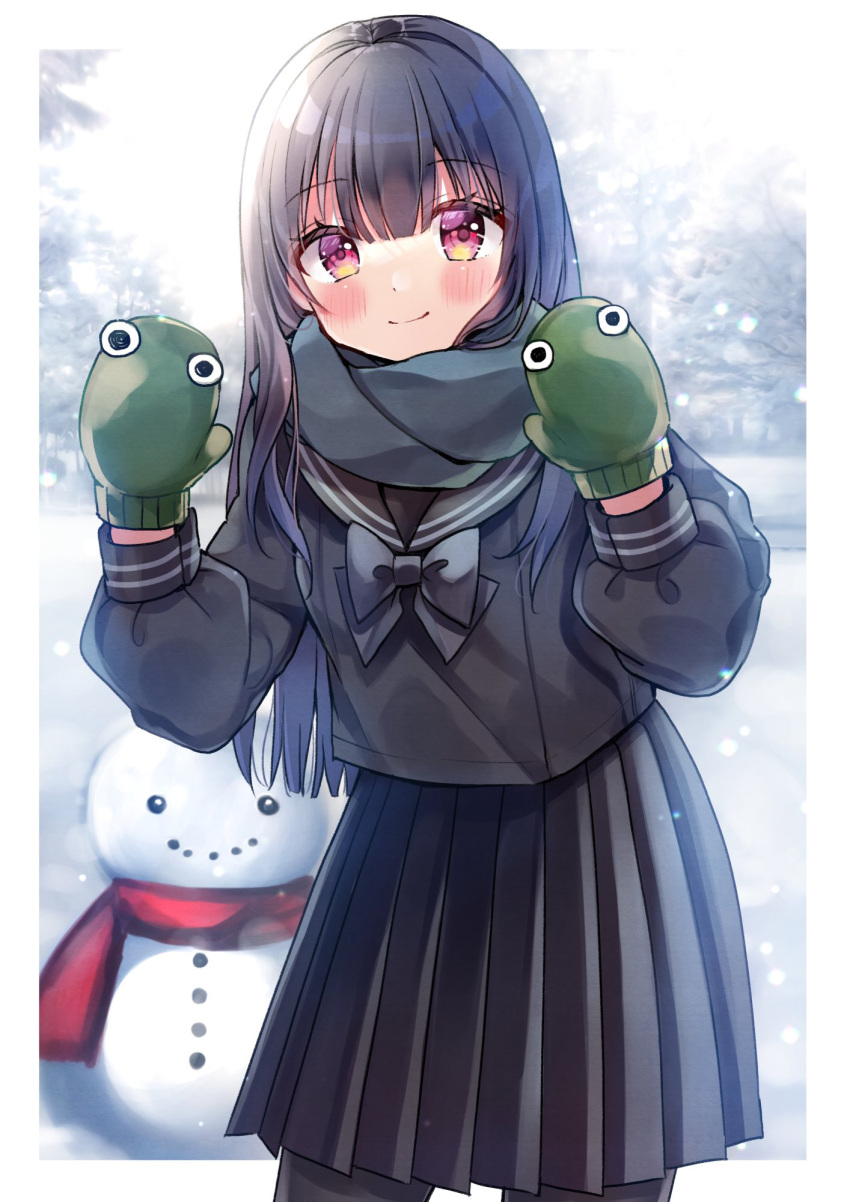 1girl bangs black_hair black_legwear black_sailor_collar black_serafuku black_skirt blush closed_mouth commentary_request eyebrows_visible_through_hair green_mittens hair_between_eyes highres long_hair long_sleeves minami_saki mittens original pantyhose pleated_skirt puffy_long_sleeves puffy_sleeves red_eyes sailor_collar school_uniform serafuku skirt smile snow snowing snowman solo standing very_long_hair