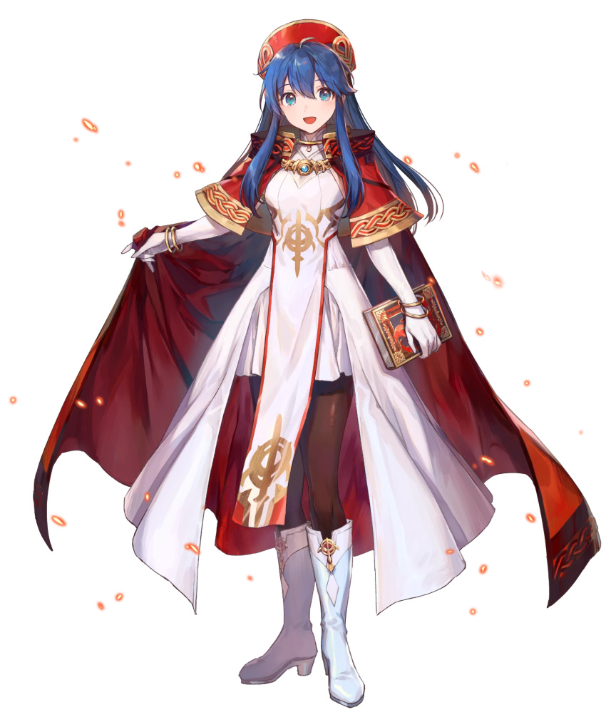 1girl alternate_costume azutarou bangs blue_eyes blue_hair book boots bracelet breasts cape dress elbow_gloves fire_emblem fire_emblem:_the_binding_blade fire_emblem_heroes full_body gloves hat highres holding holding_book jewelry knee_boots lilina_(fire_emblem) long_hair looking_at_viewer medium_breasts official_art open_mouth pantyhose pelvic_curtain red_cape shiny shiny_clothes shiny_hair skirt smile solo standing transparent_background white_dress white_footwear white_gloves