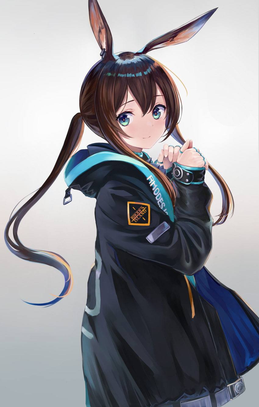 1girl absurdres amiya_(arknights) animal_ears arknights black_coat blue_eyes brown_hair closed_mouth clothes_writing coat commentary cowboy_shot earpiece eyebrows_visible_through_hair gradient gradient_background grey_background hair_between_eyes hands_together highres hooded_coat jewelry long_hair looking_at_viewer multiple_rings nagiha_kuten rabbit_ears ring simple_background smile solo twintails