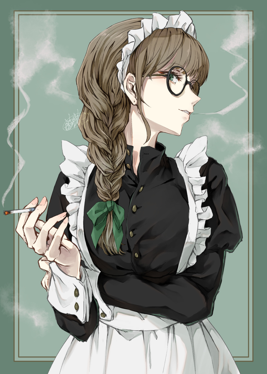 1girl absurdres apron arm_under_breasts arm_up black_dress border bow braid braided_ponytail brown_hair canned_rose cigarette commentary_request dress frills glasses green_background green_bow green_eyes hair_bow highres holding holding_cigarette long_hair long_sleeves looking_to_the_side maid maid_apron maid_headdress original outside_border smoking white_apron