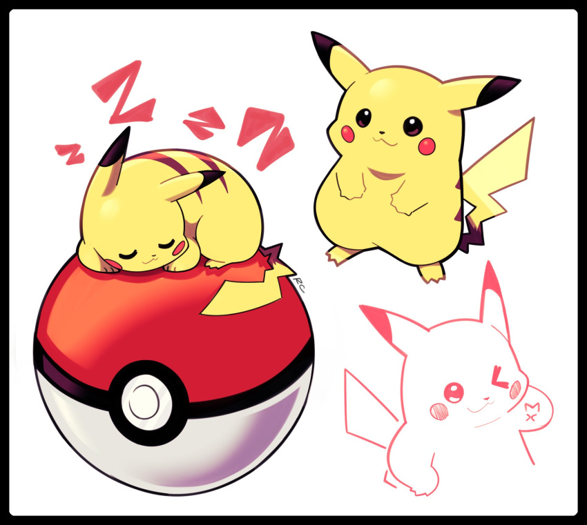&gt;_o :3 artsy-rc black_border border commentary curled_up gen_1_pokemon highres looking_at_viewer no_humans one_eye_closed original pikachu poke_ball pokemon_(creature) signature simple_background sleeping smile white_background zzz