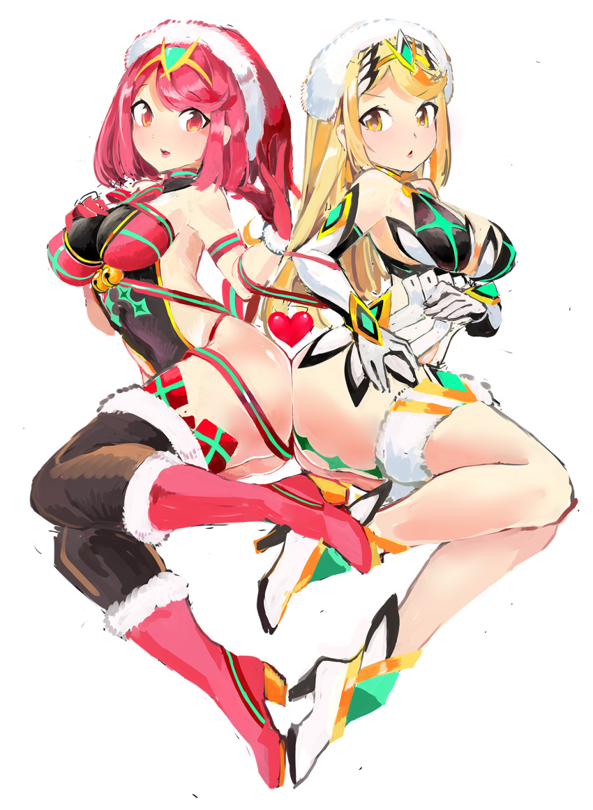 2girls blonde_hair breasts christmas gloves heart highres jewelry large_breasts leotard long_hair multiple_girls mythra_(xenoblade) pyra_(xenoblade) red_eyes redhead short_hair skindentation thick_thighs thighs tim_(a9243190a) xenoblade_chronicles_(series) xenoblade_chronicles_2 yellow_eyes