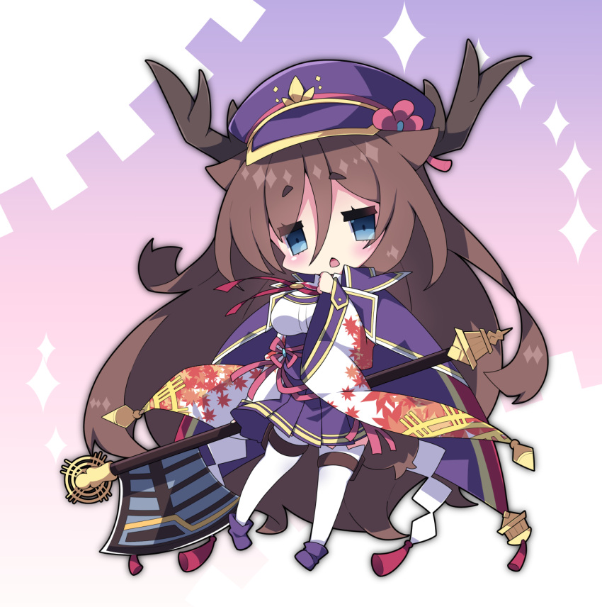 1girl antlers axe bangs blue_eyes blush breasts brown_hair cape character_request chestnut_mouth commentary_request eyebrows_visible_through_hair hair_between_eyes hat high-waist_skirt highres holding holding_axe holding_weapon leaf_print long_hair long_sleeves looking_at_viewer medium_breasts milkpanda mist_train_girls open_mouth peaked_cap pleated_skirt print_sleeves purple_cape purple_headwear purple_skirt shide short_eyebrows skirt sleeves_past_wrists solo sparkle thick_eyebrows very_long_hair weapon wide_sleeves