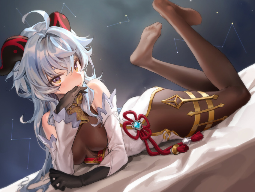 1girl absurdres ahoge ass bare_shoulders bed_sheet black_gloves blush breasts brown_eyes closed_mouth constellation detached_sleeves dutch_angle feet_up flower_knot ganyu_(genshin_impact) genshin_impact gloves hand_on_own_face highres horns long_hair long_sleeves looking_at_viewer medium_breasts night night_sky no_shoes on_bed pepperdevil red_ribbon ribbon silver_hair sky solo star_(sky) starry_sky tassel thighlet very_long_hair