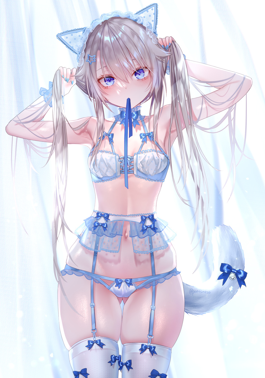 1girl 9a-91_(girls_frontline) absurdres animal_ears armpits arms_up ass_visible_through_thighs bare_arms bare_shoulders blue_eyes blue_ribbon bra breasts bunching_hair cat_ears cat_girl cat_tail choker cowboy_shot frilled_choker frills garter_belt garter_straps girls_frontline hair_ornament halterneck headdress highres kemonomimi_mode lingerie long_hair looking_at_viewer mouth_hold navel panties pottsness ribbon silver_hair skindentation small_breasts solo standing stomach tail thigh-highs thigh_gap thighs twintails underwear underwear_only very_long_hair white_bra white_legwear