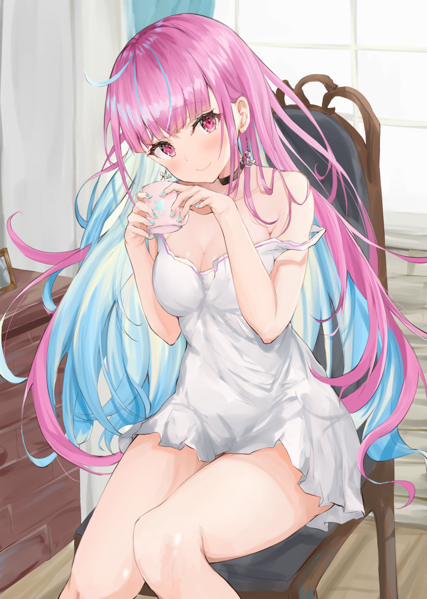 1girl anchor_earrings bangs bare_shoulders black_choker blue_hair blue_nails blush breasts chair choker collarbone colored_inner_hair cup dress earrings eyebrows_visible_through_hair head_tilt highres holding holding_cup hololive indoors jewelry large_breasts long_hair looking_at_viewer mikanagi_yuri minato_aqua mug multicolored_hair purple_hair short_dress sitting smile solo strap_slip thighs two-tone_hair very_long_hair violet_eyes virtual_youtuber white_dress window
