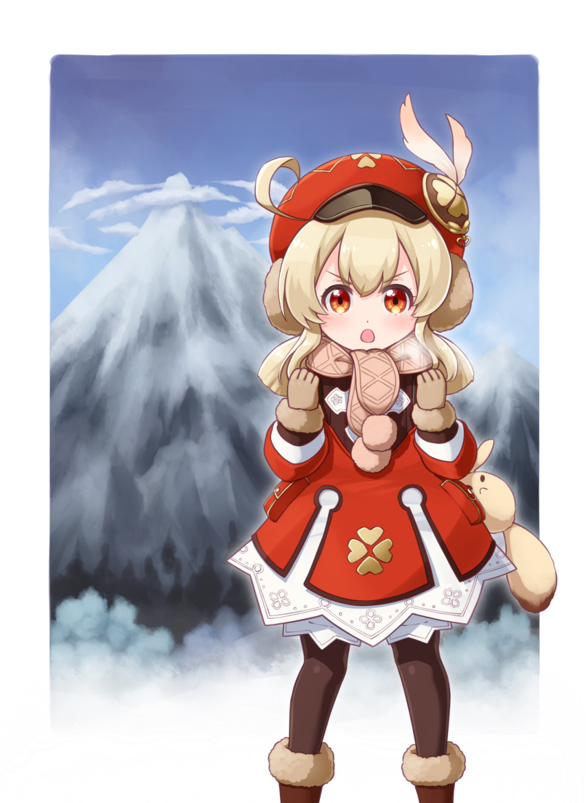 1girl :o ahoge bangs blush boots breath brown_footwear brown_gloves brown_legwear brown_scarf cabbie_hat commentary_request day dress eyebrows_visible_through_hair feathers feet_out_of_frame fur-trimmed_boots fur-trimmed_sleeves fur_trim genshin_impact gloves hair_between_eyes hands_up hat hat_feather highres klee_(genshin_impact) light_brown_hair long_hair long_sleeves looking_at_viewer low_twintails mountain open_mouth pantyhose red_dress red_eyes red_headwear sansei_rain scarf sleeves_past_wrists snow solo standing twintails v-shaped_eyebrows white_feathers