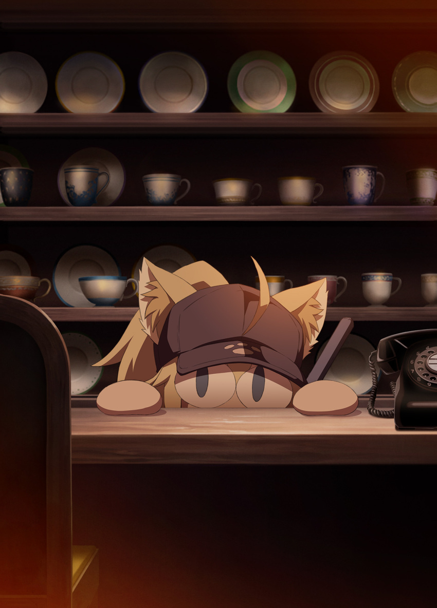 1girl ahoge artist_request artoria_pendragon_(all) bar baseball_cap blonde_hair blue_eyes corded_phone counter cup dish fate/grand_order fate_(series) hat hiding highres indoors long_hair looking_at_viewer mysterious_heroine_x nekoarc official_art peeking peeking_out peeping phone ponytail rotary_phone slit_pupils solo through_clothes tsukihime