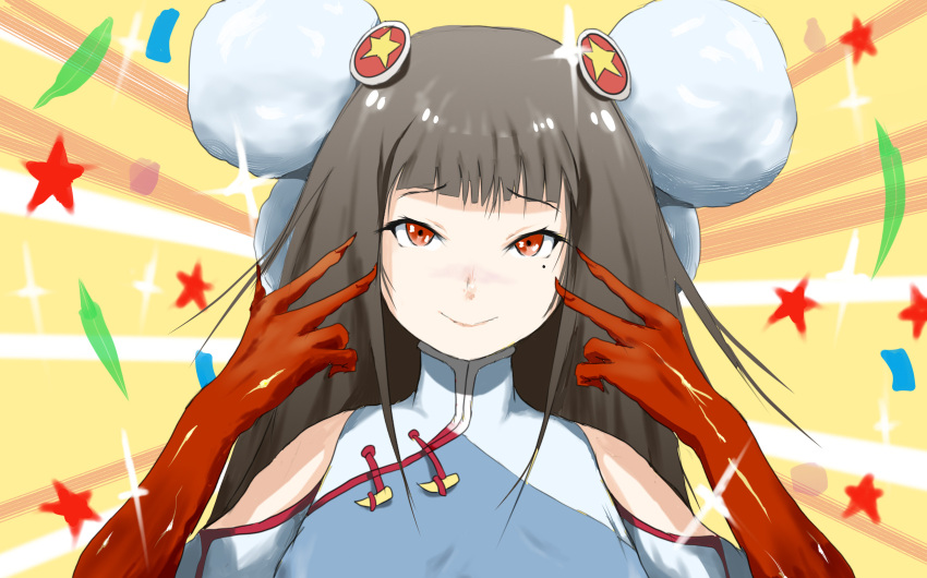 1girl bangs blue_dress blunt_bangs brown_hair china_dress chinese_clothes commentary communist_youth_league_of_china confetti detached_sleeves double_v dress elbow_gloves emotional_engine_-_full_drive eyebrows_visible_through_hair fate/grand_order fate_(series) gloves hair_ornament highres jiang_shanjiao kkkun long_hair looking_at_viewer mole mole_under_eye red_eyes red_gloves red_star sidelocks smile solo sparkle star_(symbol) sunburst sunburst_background v virtual_youtuber yellow_background