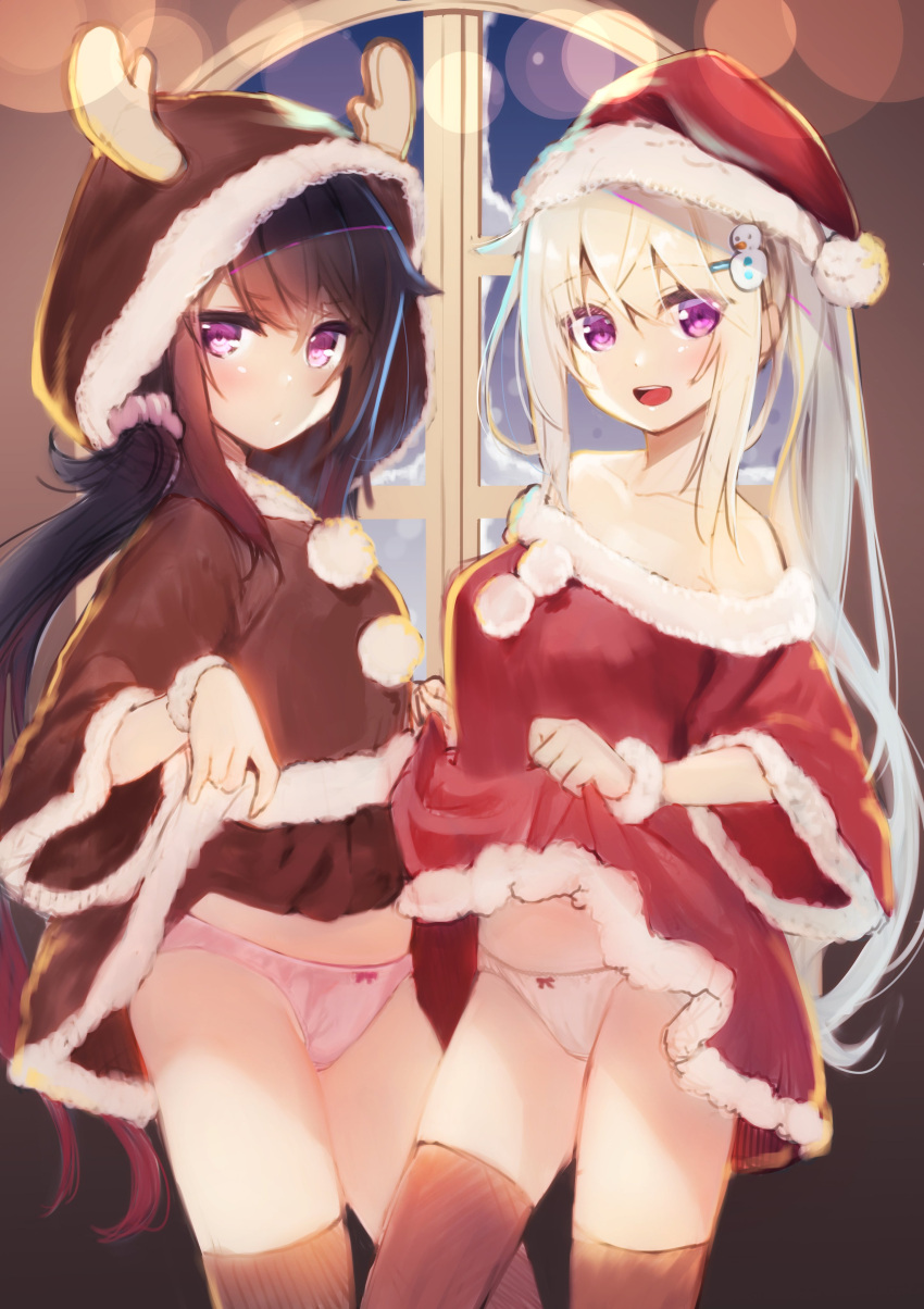 2girls :d absurdres bangs bare_shoulders black_hair brown_dress brown_legwear character_request commentary copyright_request dress dress_lift hair_ornament hair_scrunchie hat highres hood hooded_dress lens_flare lifted_by_self long_hair long_sleeves looking_at_viewer multiple_girls off-shoulder_dress off_shoulder open_mouth panties pink_eyes pink_panties pink_scrunchie pom_pom_(clothes) red_dress red_headwear santa_hat scrunchie silver_hair smile snowman_hair_ornament thigh-highs underwear violet_eyes wide_sleeves zero_(miraichizu)