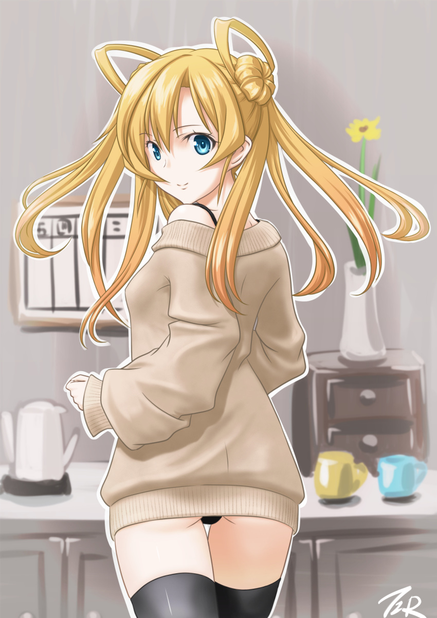 1girl abukuma_(kantai_collection) alternate_costume beige_sweater black_legwear black_panties blonde_hair blue_eyes blurry chart_(object) commentary_request counter cowboy_shot cup depth_of_field double_bun flower from_behind hair_rings highres kantai_collection long_hair looking_back panties pitcher solo t2r thigh-highs twintails underwear vase